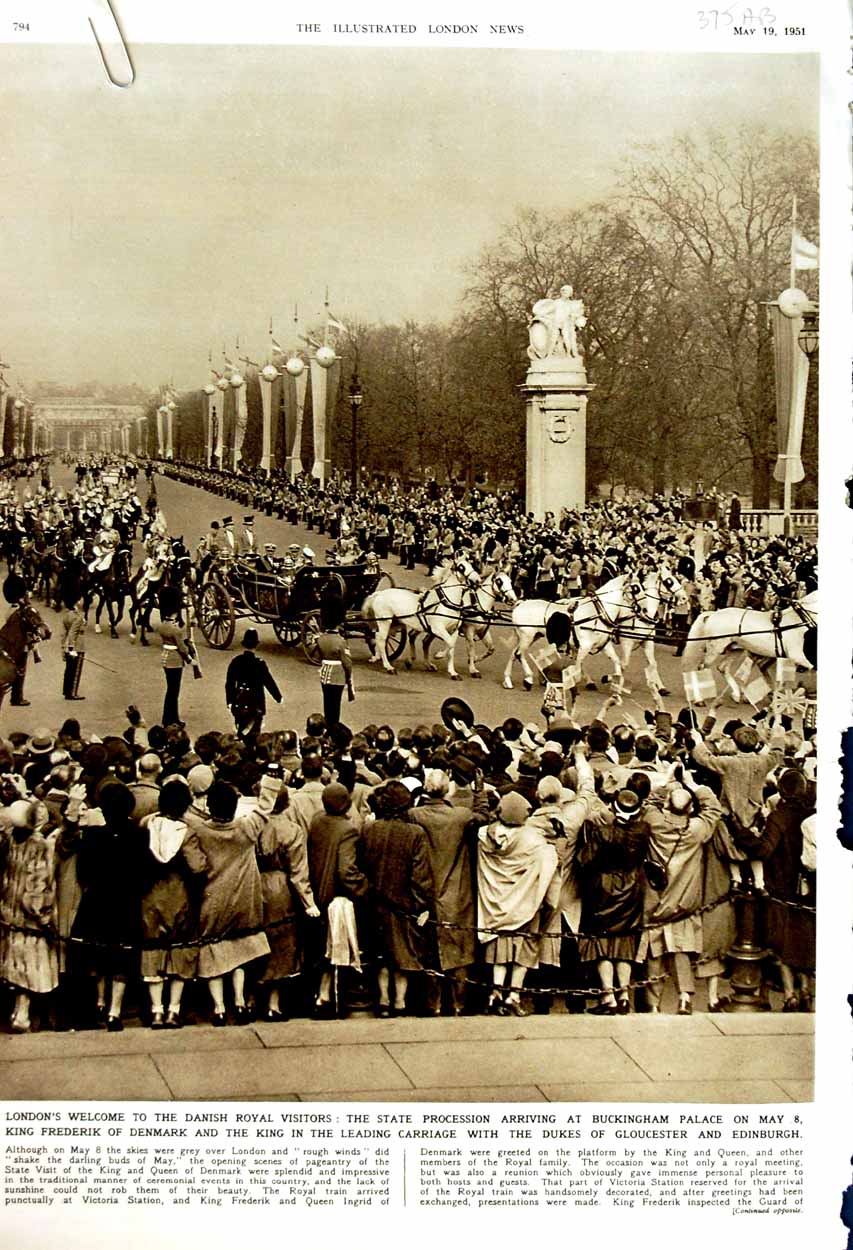 Antique Old Print 1951 London Buckingham Palace King Denmark Queen Ingrid 20th