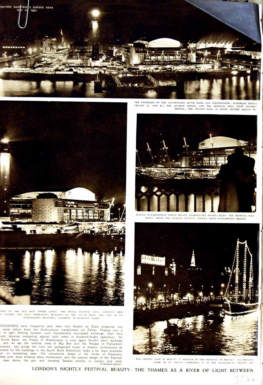 Old Vintage Print 1951 London Festival River Thames London Westminster 20th