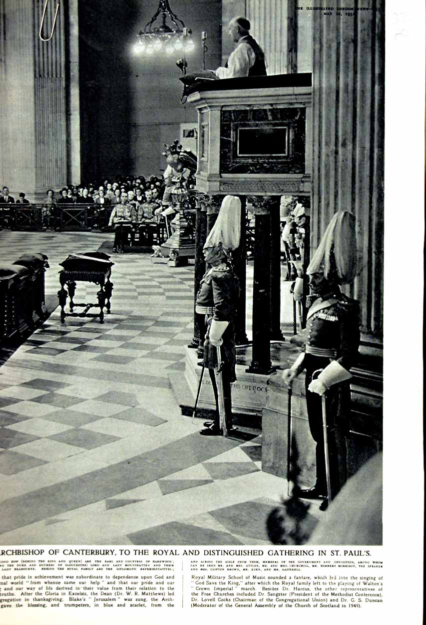Old Vintage Print 1951 Archbishop Canterbury Paul'S Cathedral King Duke 20th