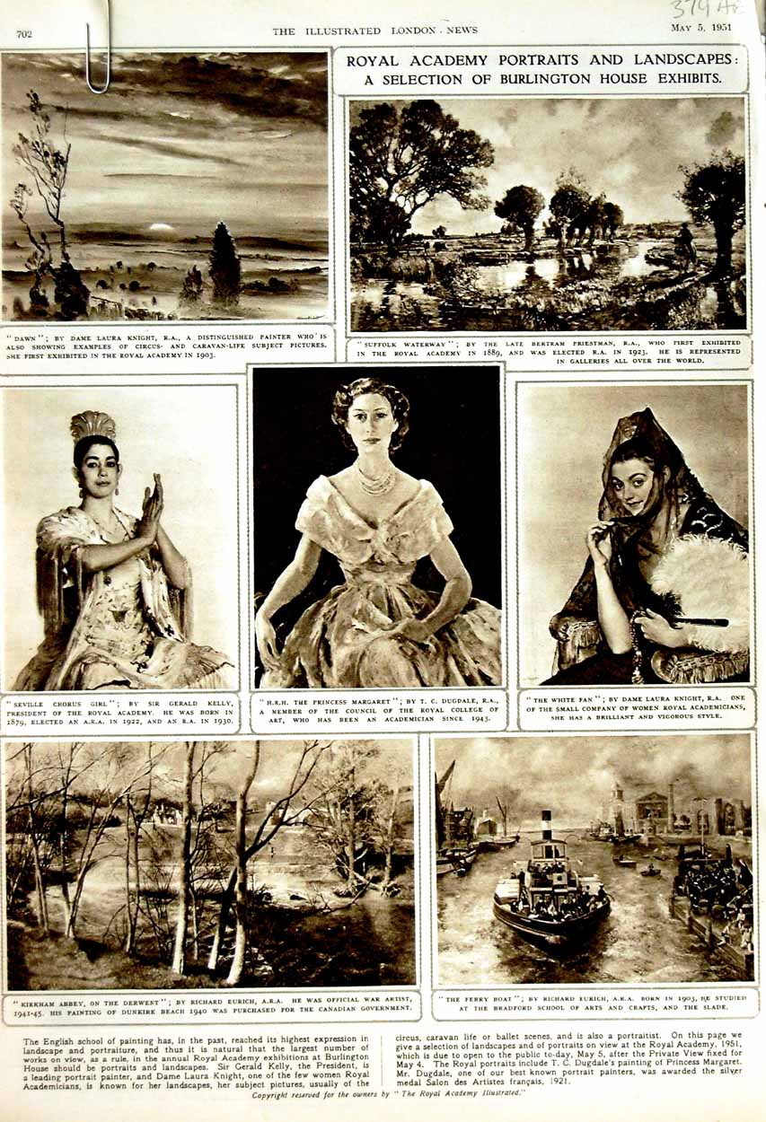 Old Vintage Print 1951 Royal Academy Art Princess Margaret Knight Essex 20th