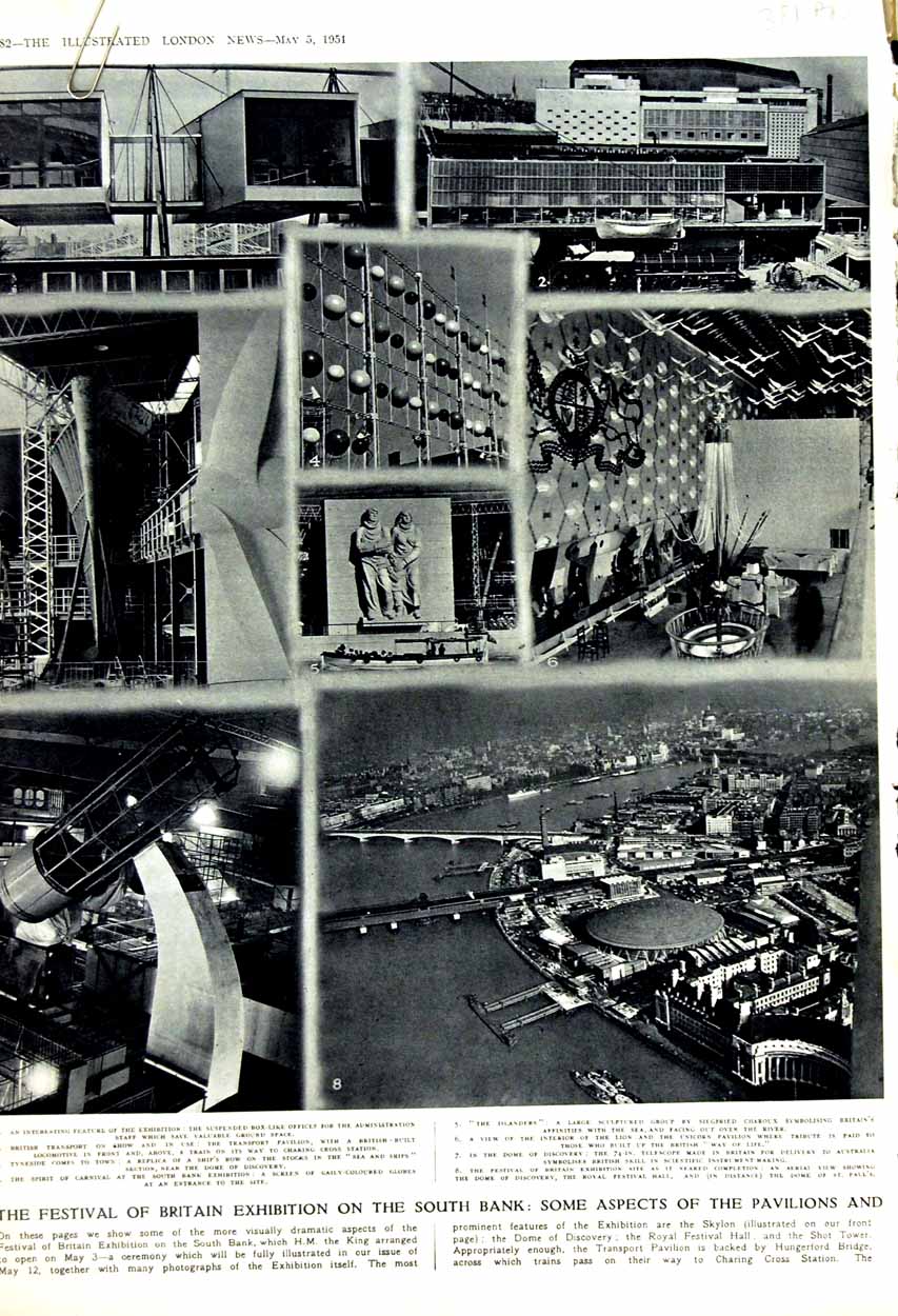 Old Vintage Print 1951 South Bank Exhibition Pavilions London Festival 20th