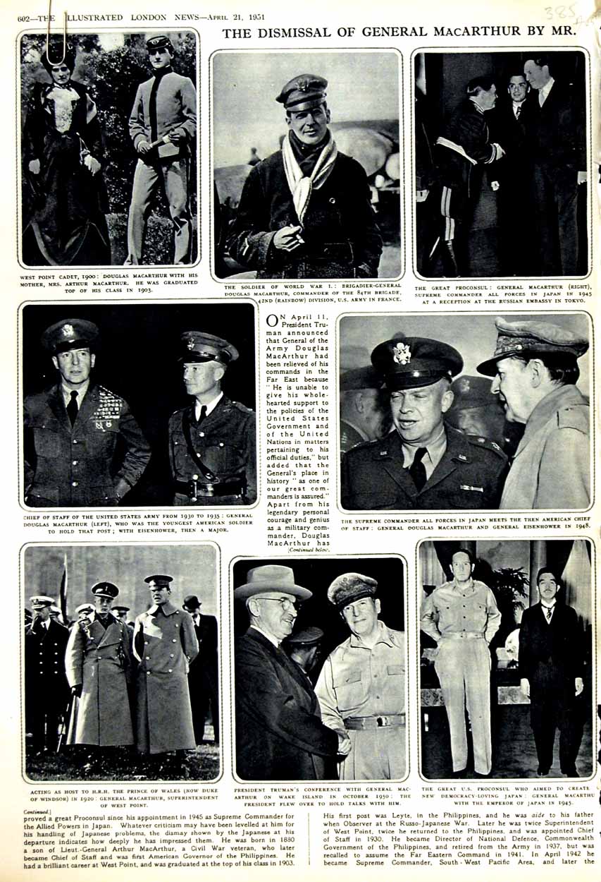 Old Vintage Print 1951 General Macarthur Truman Prince Wales Ridway War 20th
