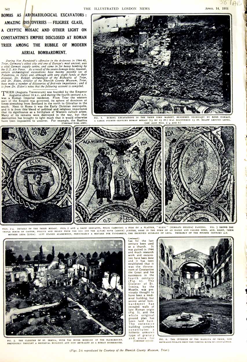 Original Old Vintage Print 1951 Archaeology Irmina Trier Mosaic Guards Windsor