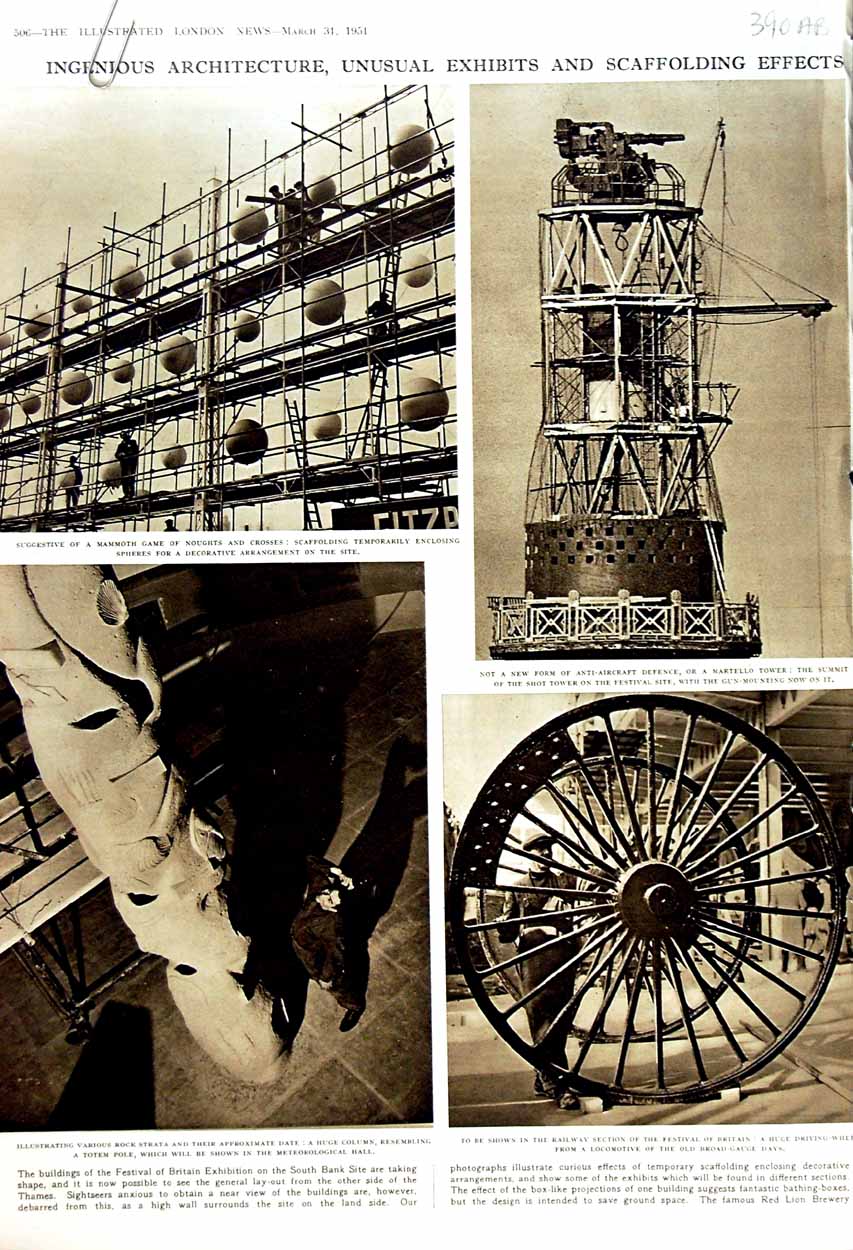 Old Vintage Print 1951 Architecture Scaffing Festival London Korea War 20th