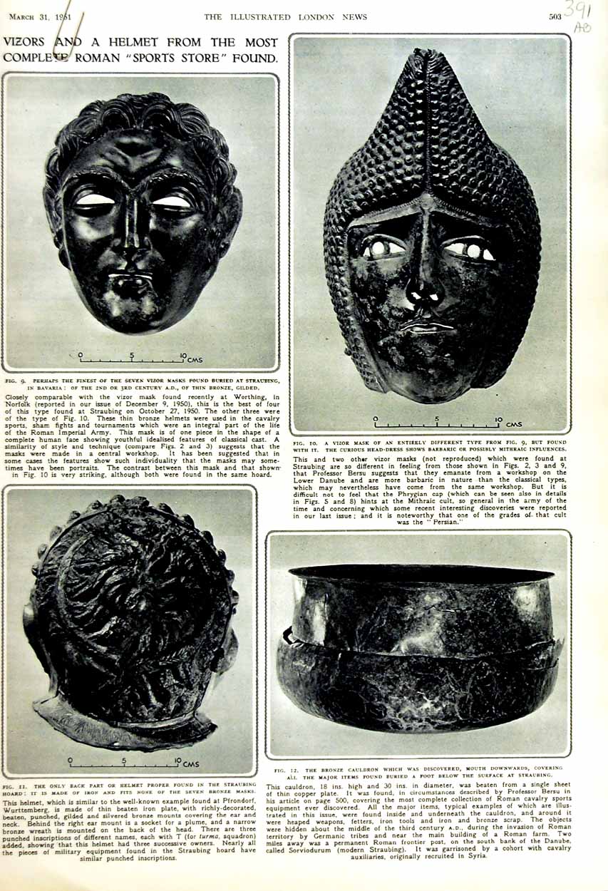 Antique Old Print 1951 Vizors Helmet Roman Straubing Bronze Bavaria Hoard 20th