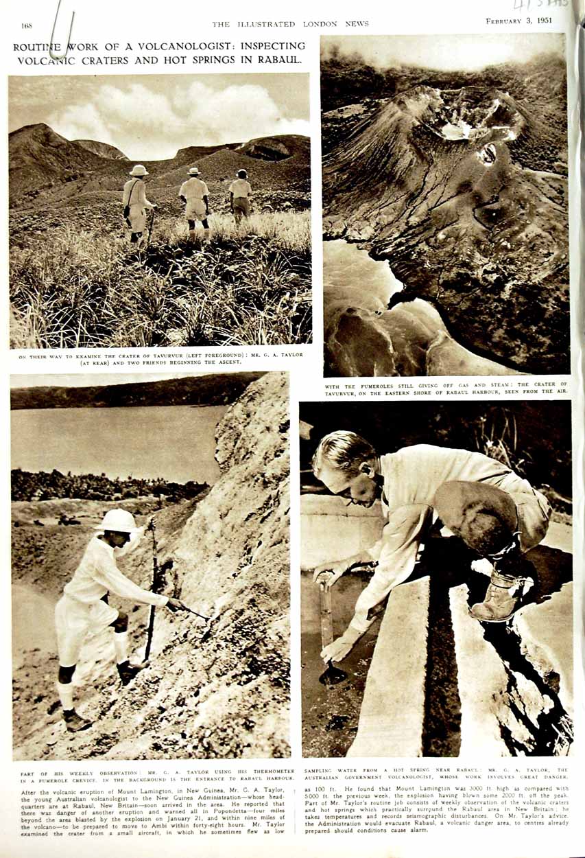 Old Vintage Print 1951 Volcanologist Craters Rabaul Taylor Papua Guinea 20th