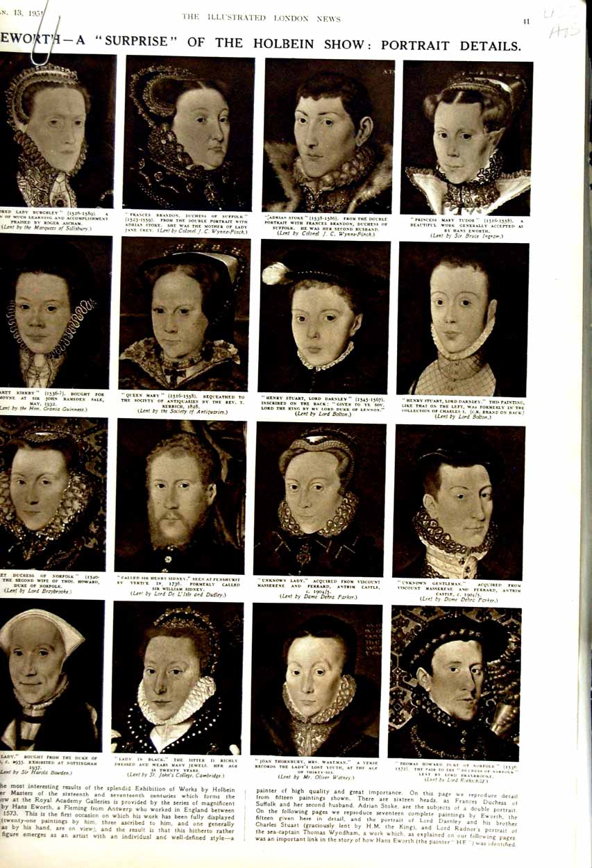 Original Old Vintage Print 1951 Holbein Portraits Queen Mary Kirkby Buttercups