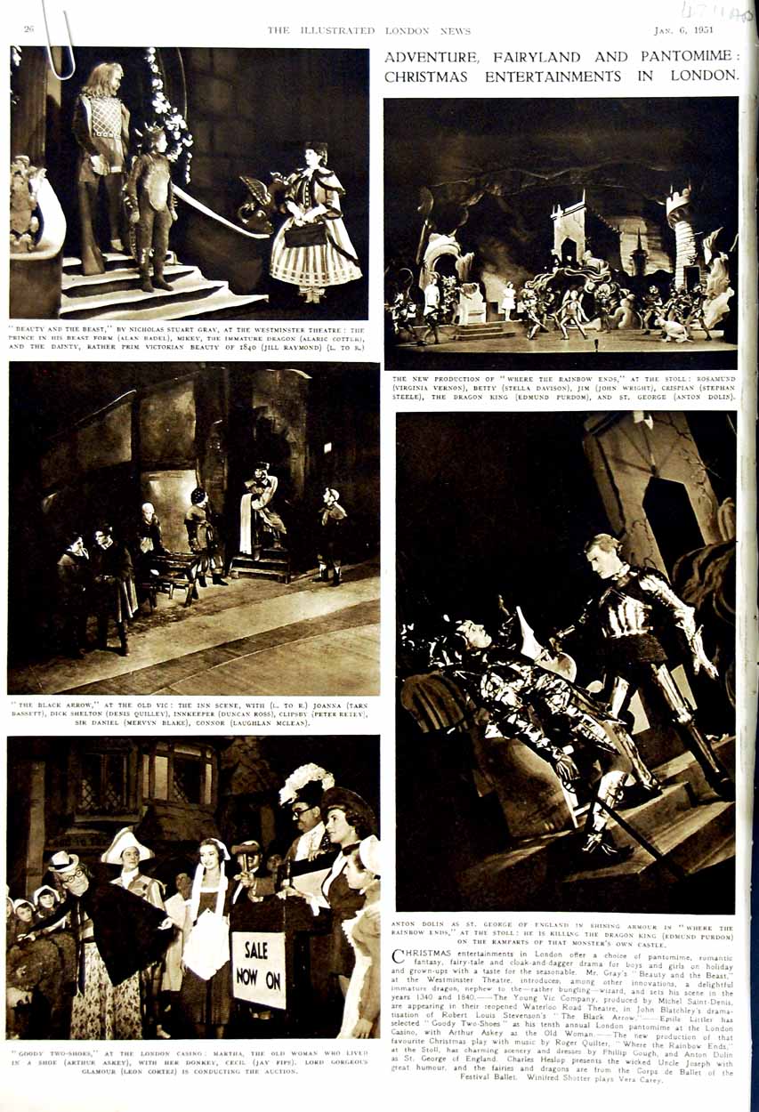 Antique Old Print 1951 Christmas Pantomime London Beauty Beast Tyres Lace 20th