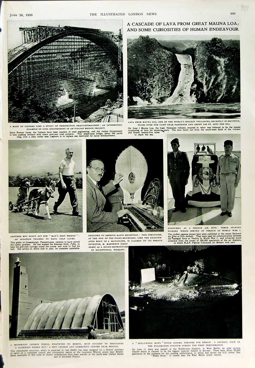 Old Vintage Print 1950 Lava Mauna Loa Volcano Nissen Hut Bristol Church 20th
