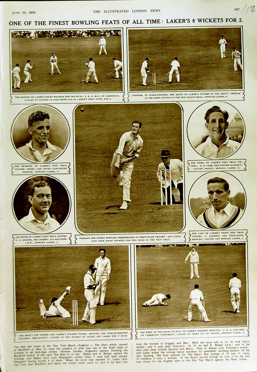 Old Vintage Print 1950 Laker'S Wickets Cricket Sport Cambridge Hutton May 20th