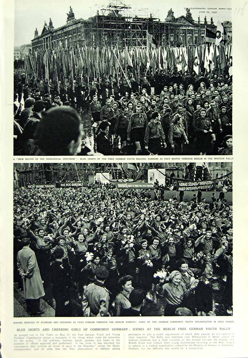Original Old Vintage Print 1950 Cheering Girls Communist Germany Berlin Youths