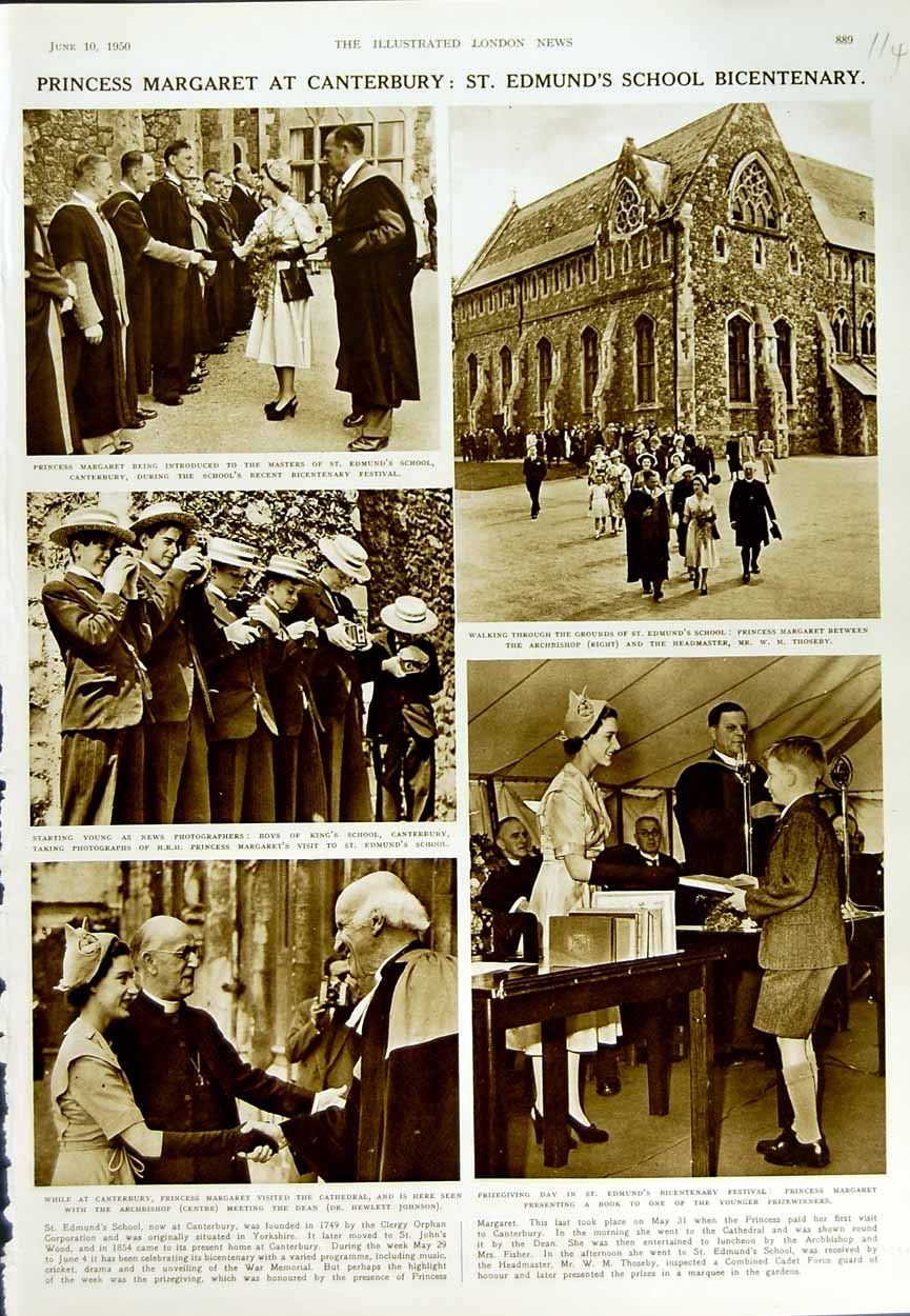 Original Old Vintage Print 1950 Princess Margaret Canterbury Edmund'S School