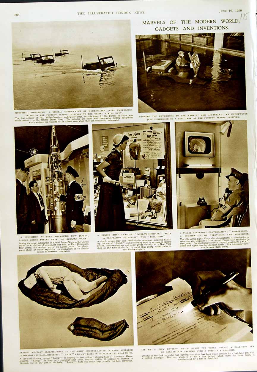 Original Old Vintage Print 1950 Inventions Aerobee Rocket Videophone Jeep Army