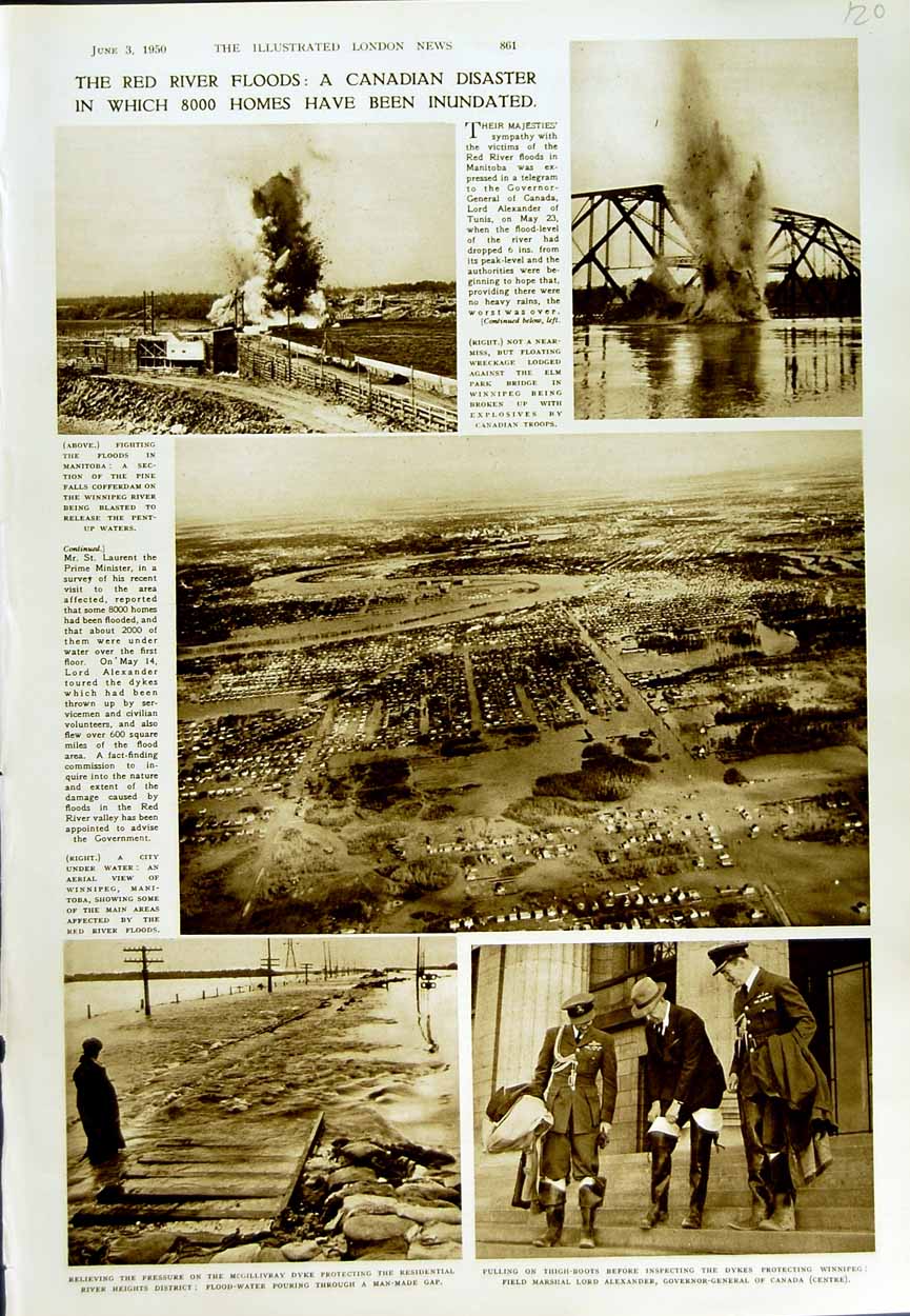 Original Old Vintage Print 1950 Red River Floods Canada Lord Alexander Manitoba