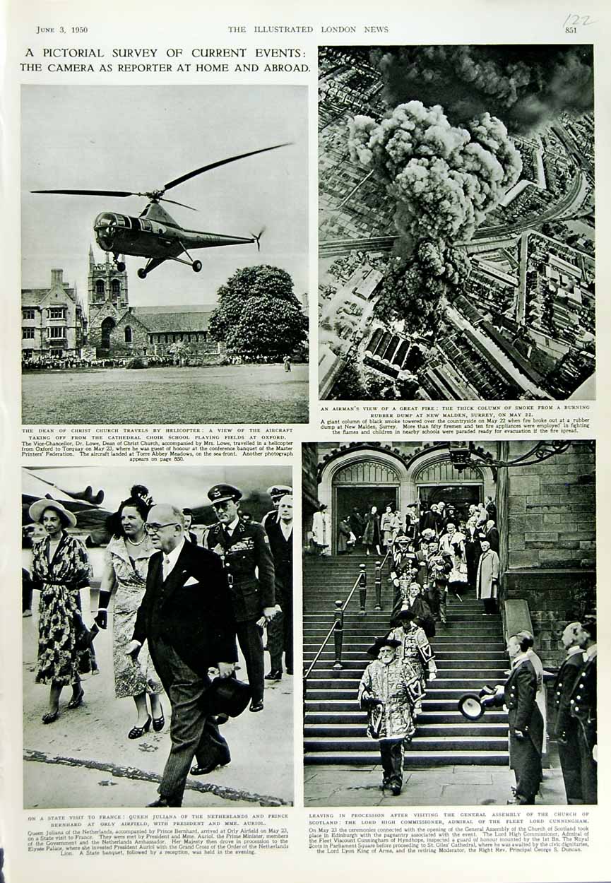 Old Vintage Print 1950 Queen Juliana Helicopter Fire Bernhard Cunningham 20th