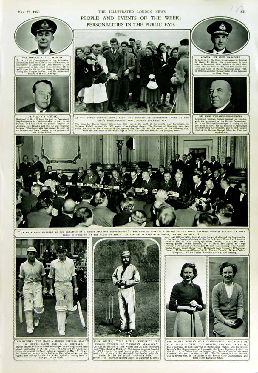 Old Vintage Print 1950 People Wisden Dewes Valentine Duchess Gloucester 20th
