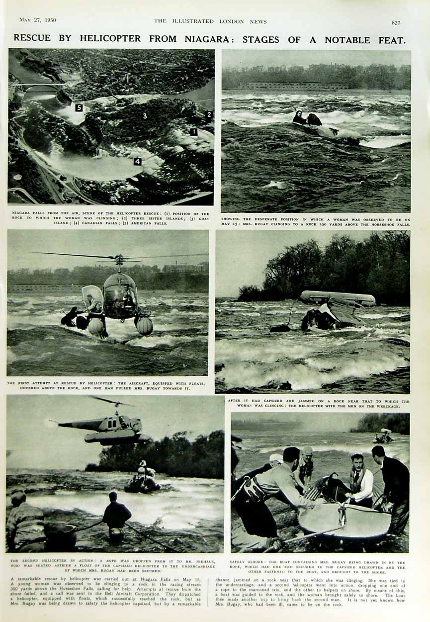 Original Old Vintage Print 1950 Helicopter Rescue Niagara Falls Bugay Canada