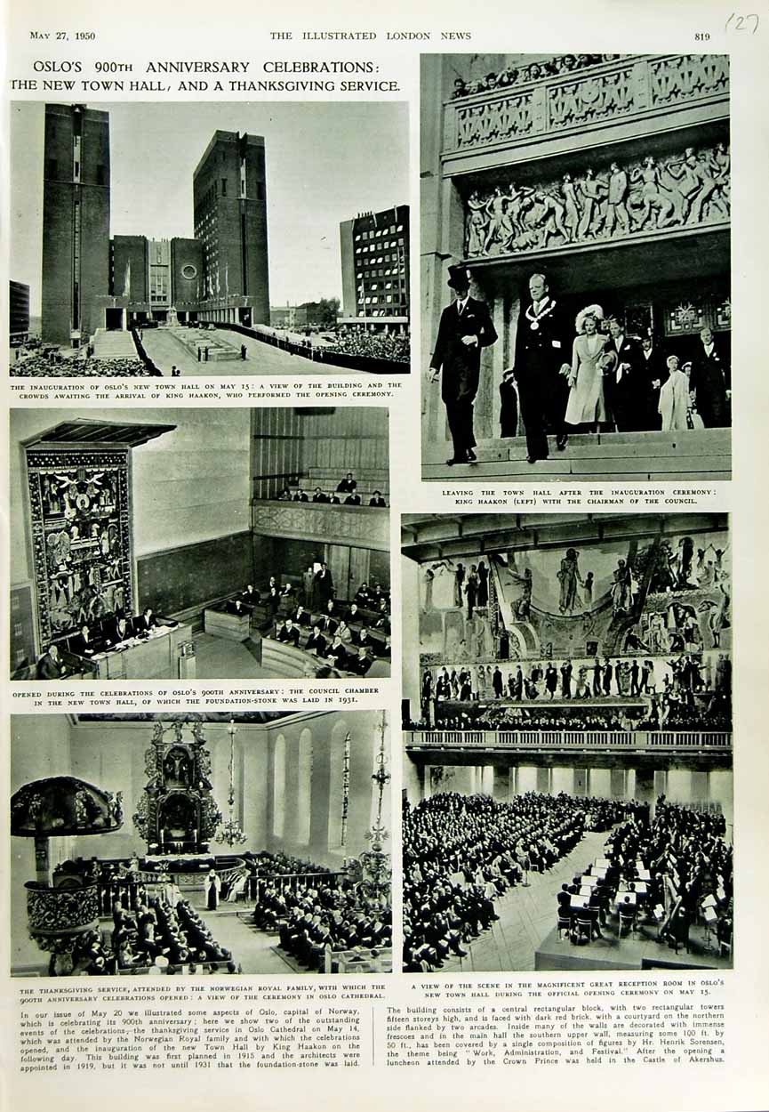 Original Old Vintage Print 1950 Oslo Norway Thanksgiving Cathedral King Haakon