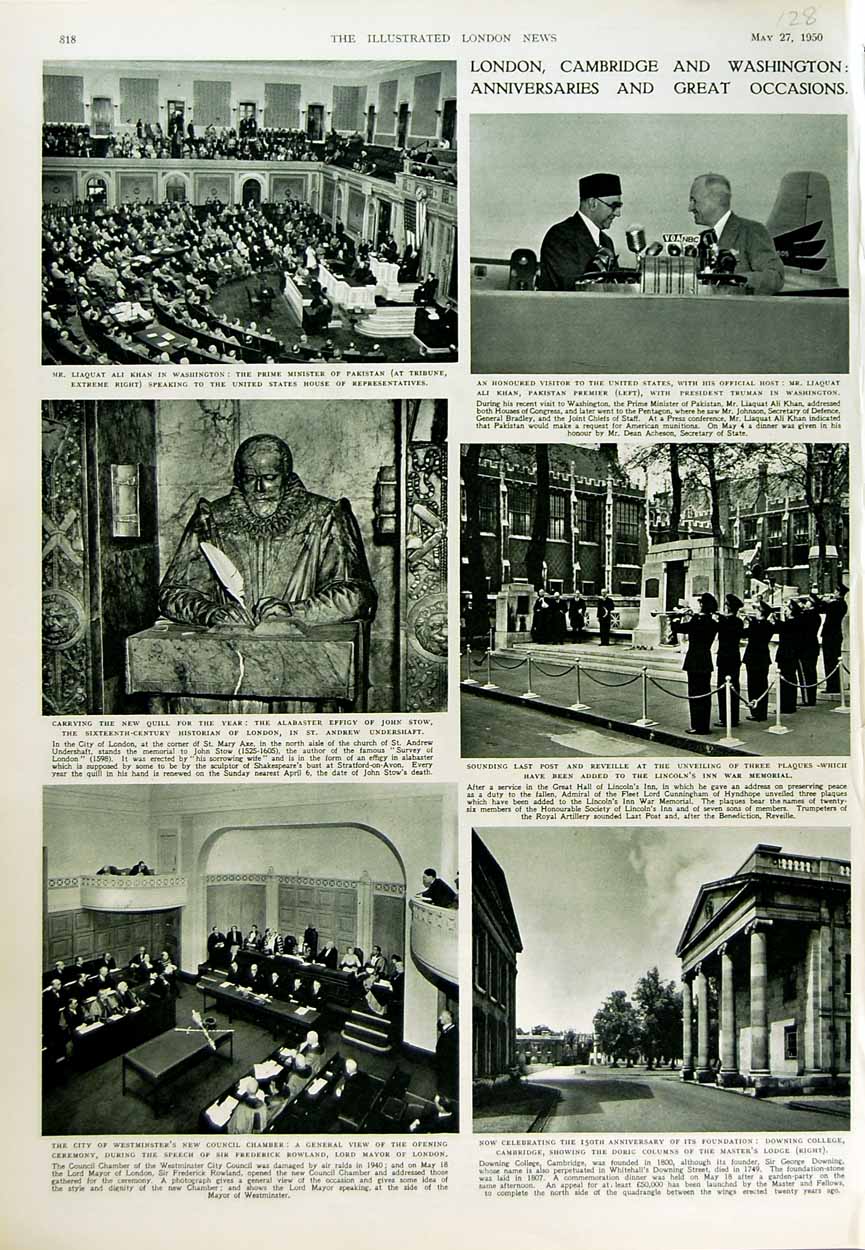 Original Old Vintage Print 1950 London Council Chamber Downing College Pakistan