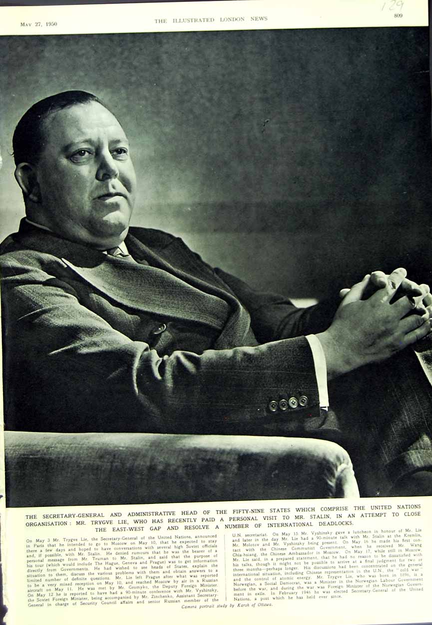 Original Old Vintage Print 1950 Secretary-General Mr Trygve Lie United Nations
