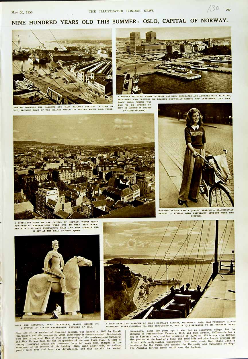 Original Old Vintage Print 1950 Oslo Norway Haardraade Harbour Railway Fjord