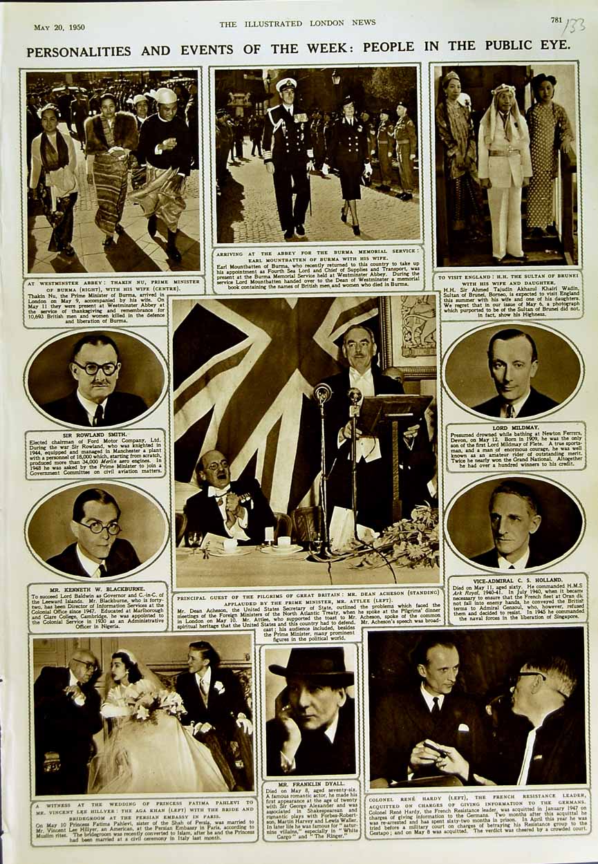 Old Vintage Print 1950 People Earl Mountbatten Smith Acheson Dyall Khan 20th