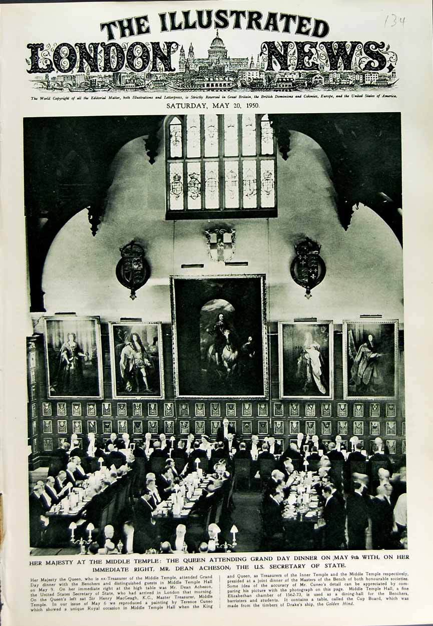 Original Old Vintage Print 1950 Queen Middle Temple Dinner Dean Acheson London