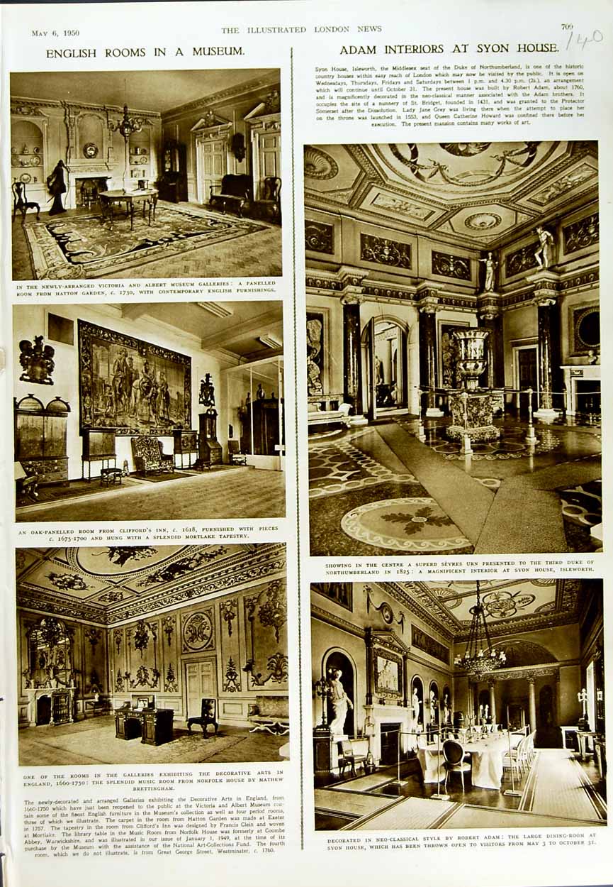 Old Vintage Print 1950 Victoria Albert Museum Syon House Isleworth Adam 20th