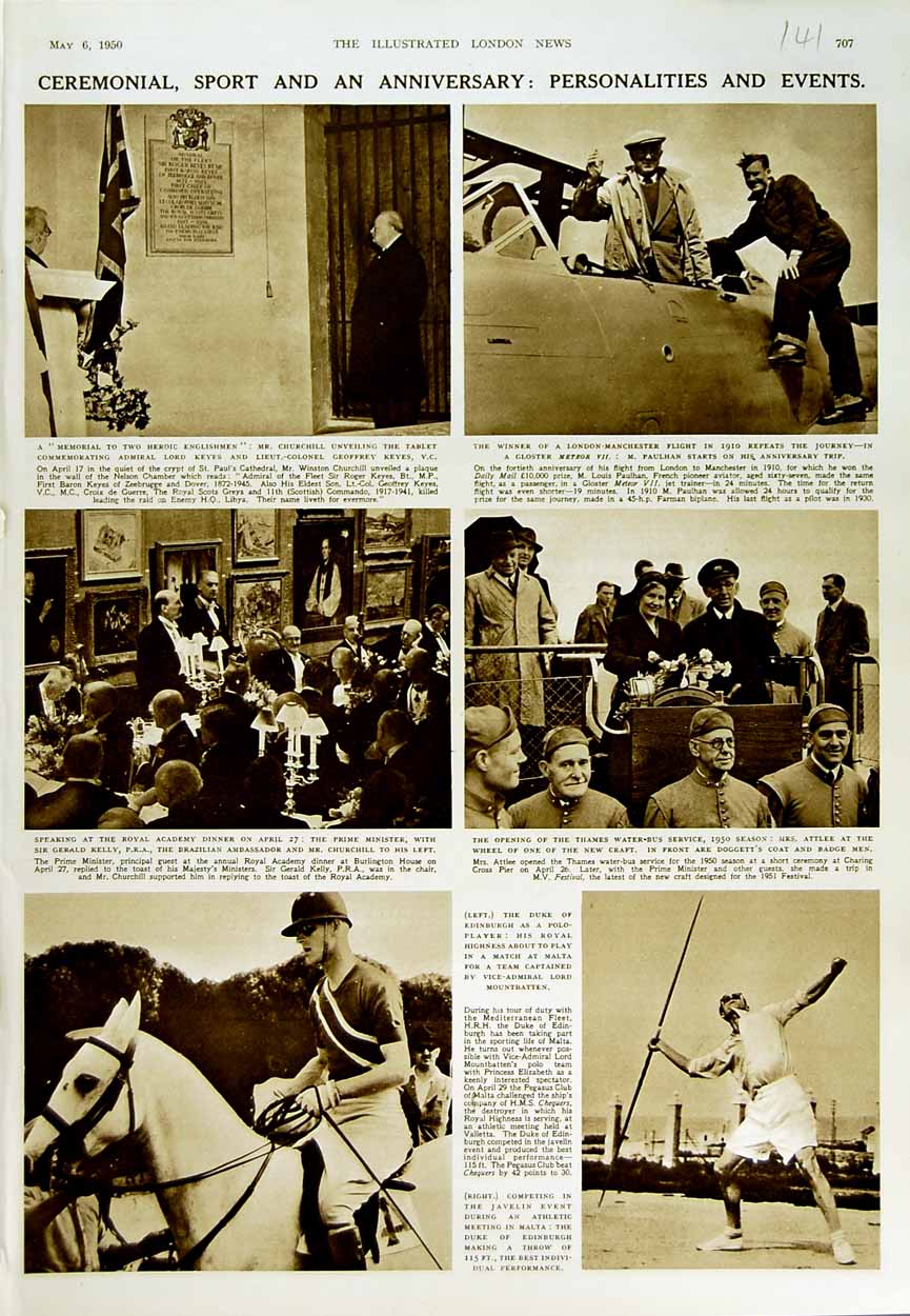 Original Old Vintage Print 1950 Javelin Sport Horse Polo Churchill Kelly Attlee