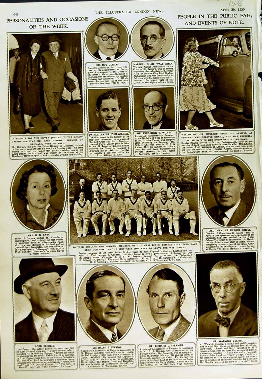 Original Old Vintage Print 1950 People Cricket West Indies Willey Hedtoft Law
