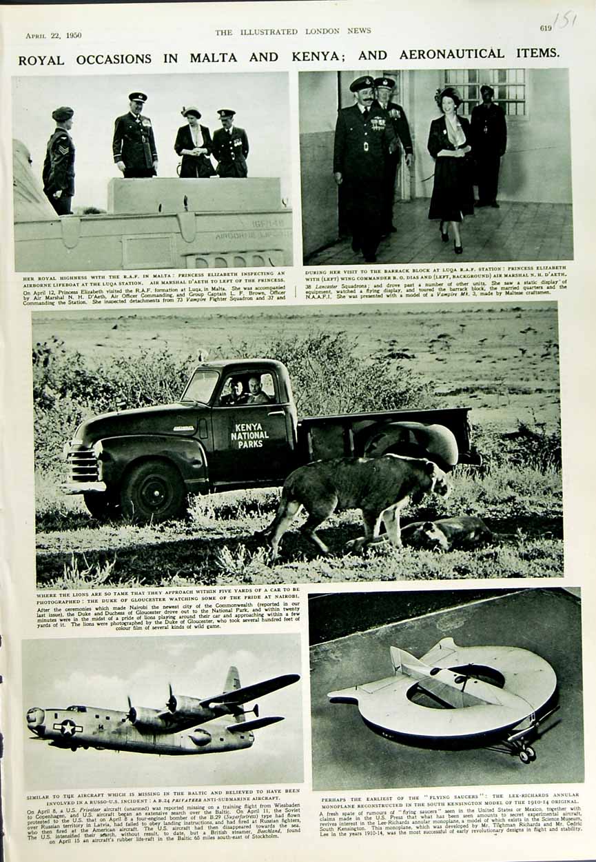 Old Vintage Print 1950 Malta Princess Elizabeth Dias Lions Kenya Aircraft 20th