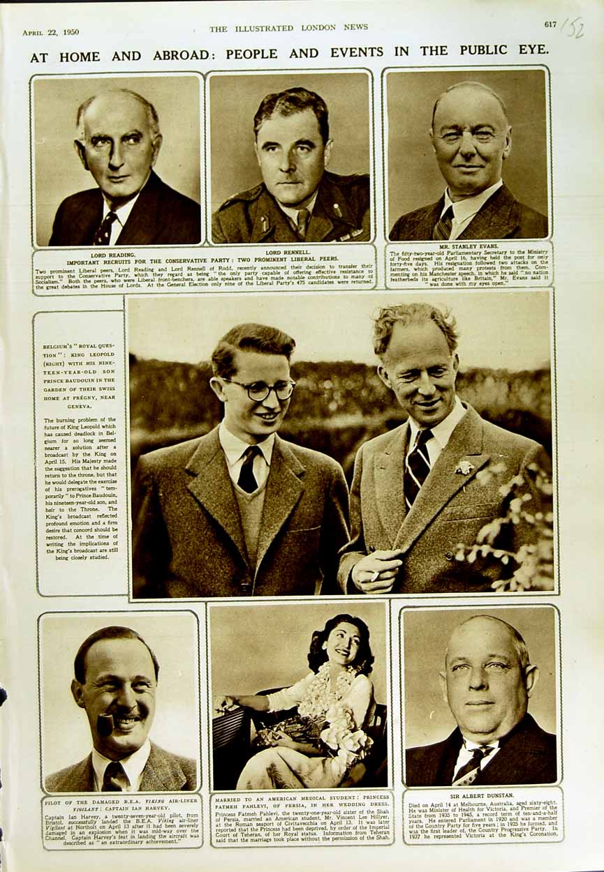 Original Old Vintage Print 1950 King LeopReading Rennell Evans Dunstan Harvey