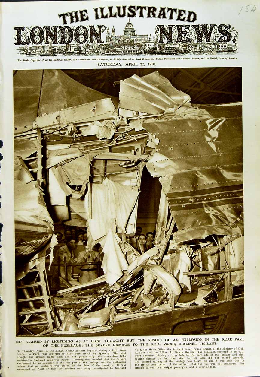 Old Vintage Print 1950 B.E.A Viking Air Liner Vigilant Explosion Aviation 20th