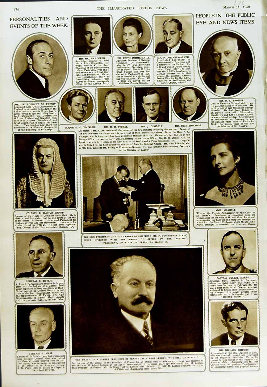 Old Vintage Print 1950 People Albert Lebrun Shipkov Anderson Dugdale Men 20th