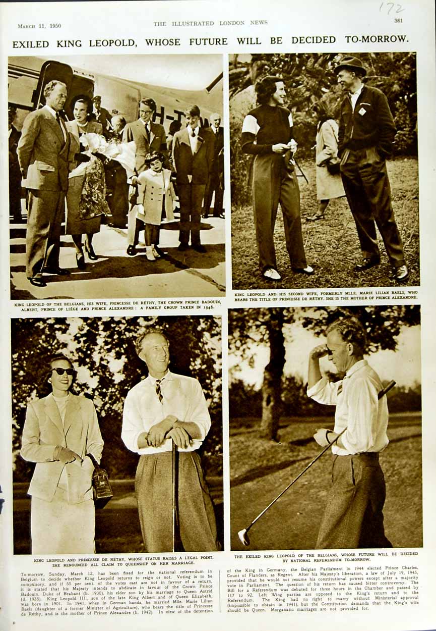 Original Old Vintage Print 1950 King LeopRethy Golf Sport Marie Baels Liege