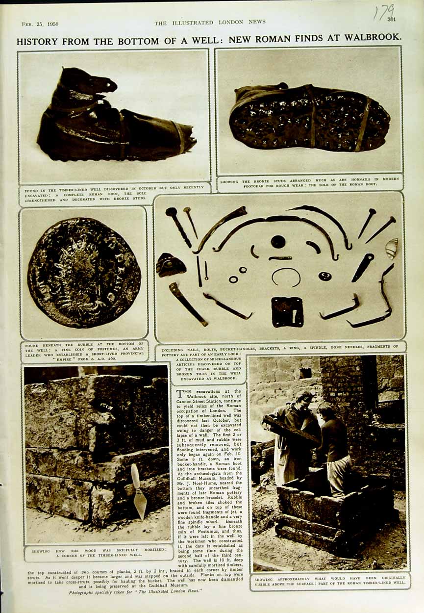 Original Old Vintage Print 1950 Archaeology Roman Boot Postumus Walbrook 20th