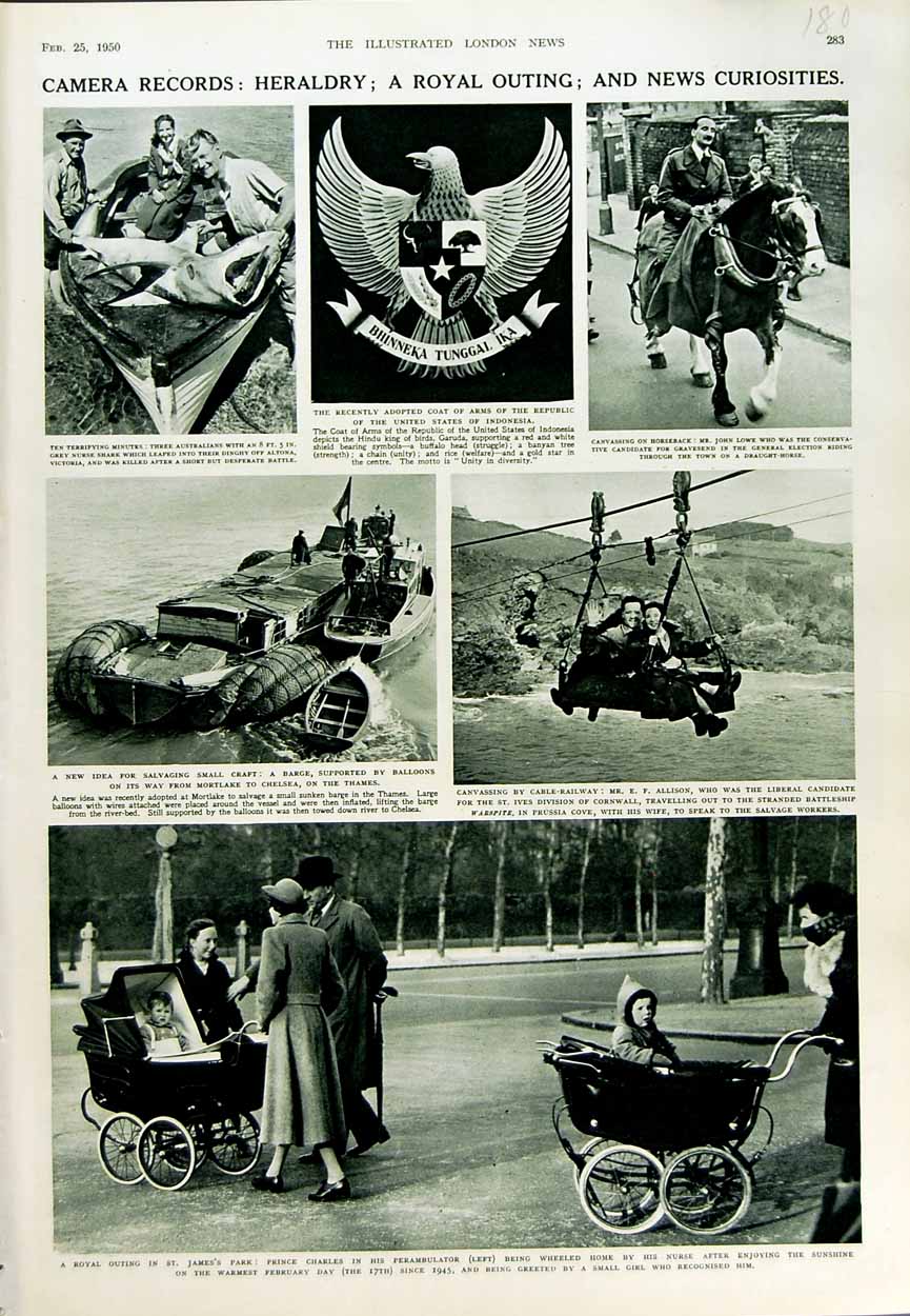 Old Vintage Print 1950 Prince Charles James'S Park Barge Chelsea Heraldry 20th
