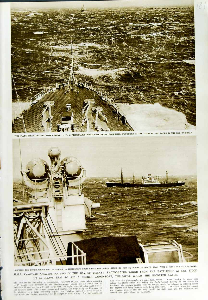 Original Old Vintage Print 1950 Ship H.M.S Vanguard Boffa Bay Biscay Plymouth