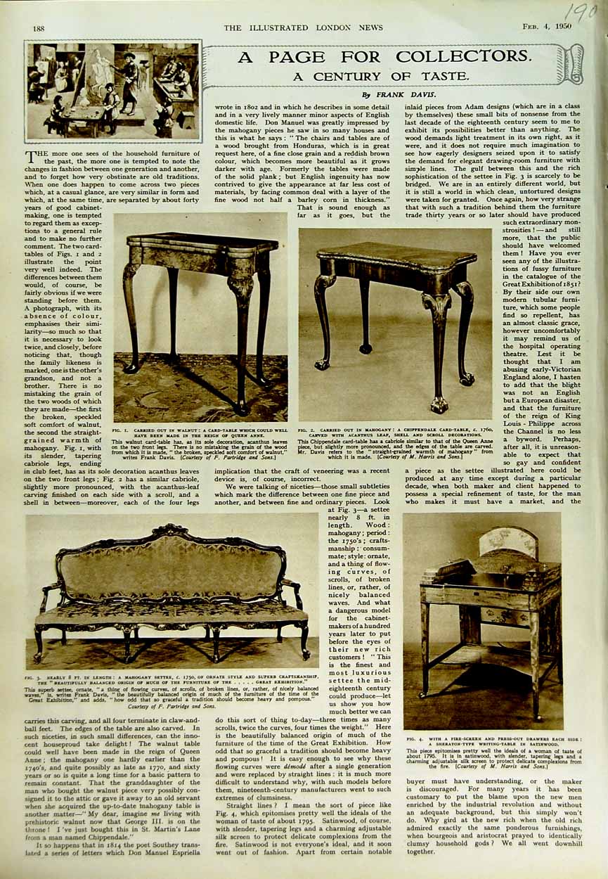 Original Old Vintage Print 1950 Furniture Queen Anne Table Writing-Table Settee
