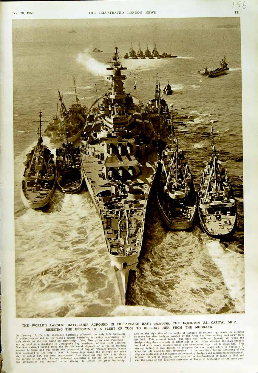 Old Vintage Print 1950 Battle Ship Missouri Chesapeake Bay Point Comfort 20th
