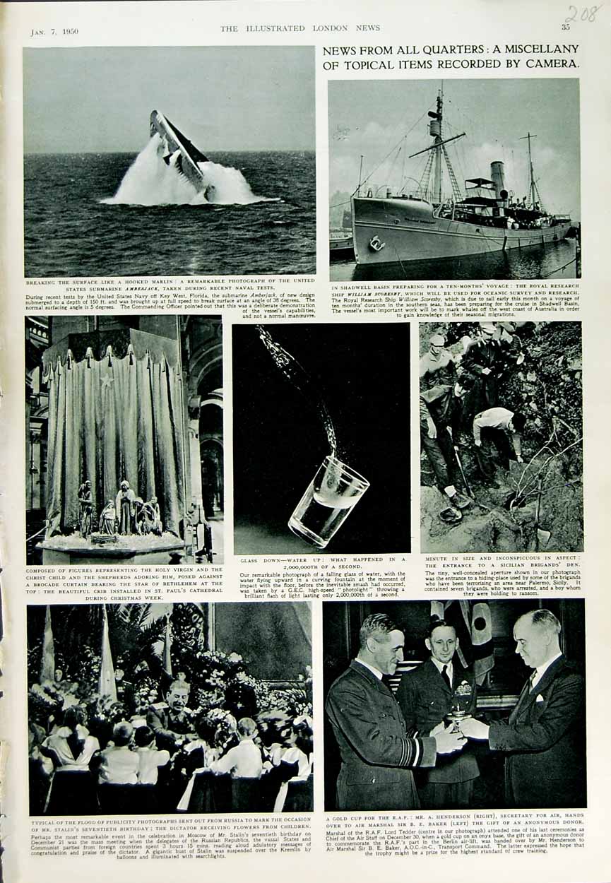 Old Vintage Print 1950 Submarine Amberjack Ship R.A.F Baker Stalin Paul'S 20th