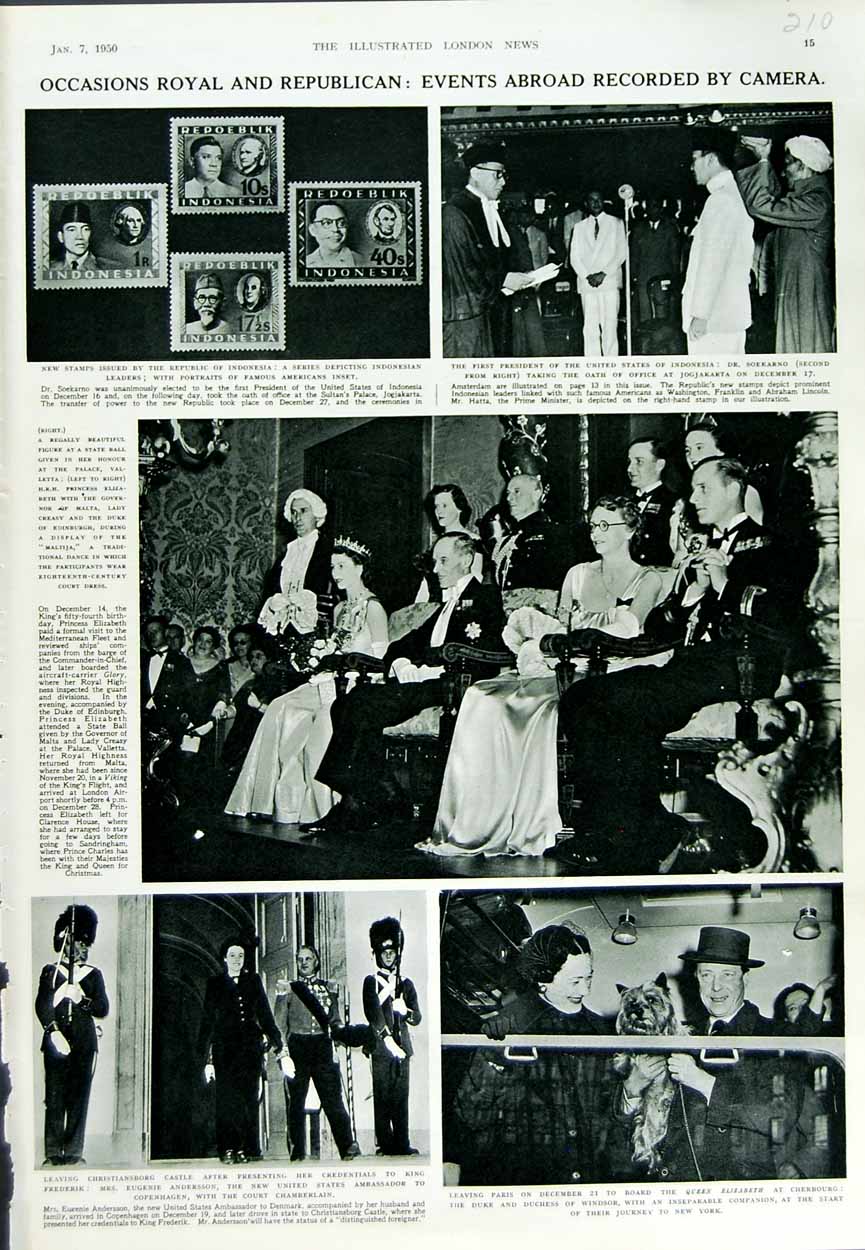 Original Old Vintage Print 1950 Christiansborg Castle Stamps Princess Elizabeth