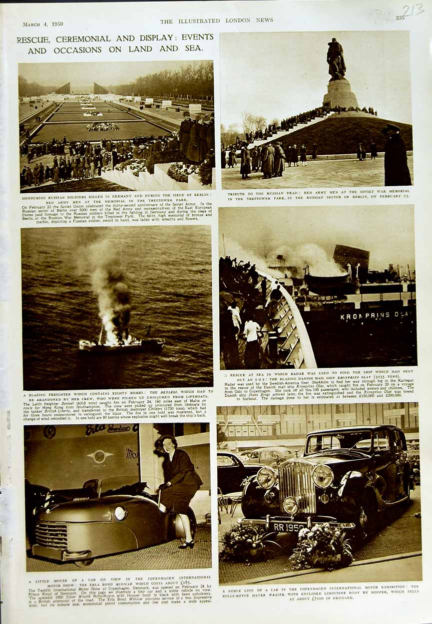 Old Vintage Print 1950 War Memorial Treptower Berlin Motor Car Ship Olav 20th