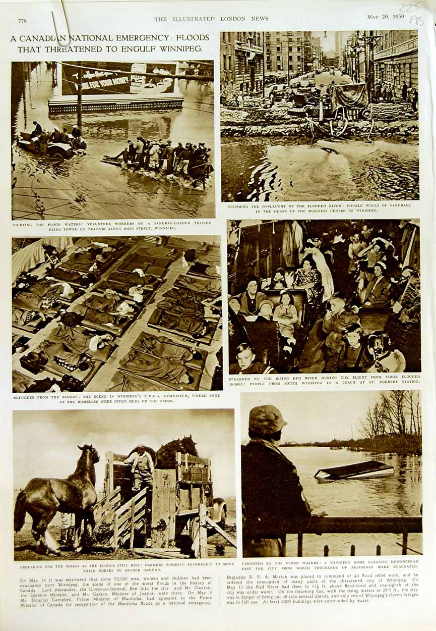 Antique Old Print 1950 Canada Floods Winnipeg King Edward Hospital George 20th
