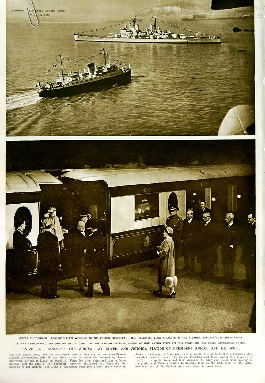 Original Old Vintage Print 1950 France President Auriol Ship Vanguard Train