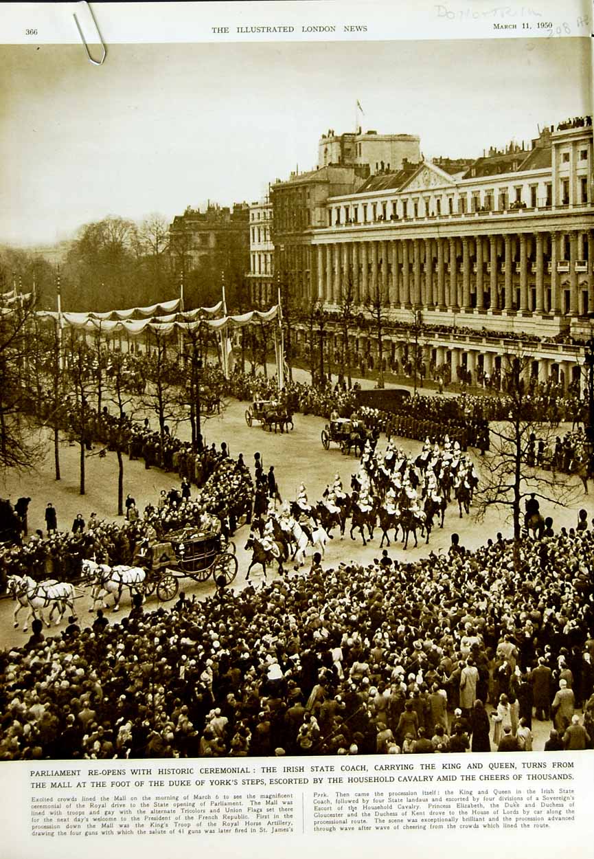 Original Old Vintage Print 1950 Irish State Coach King Queen Parliament London