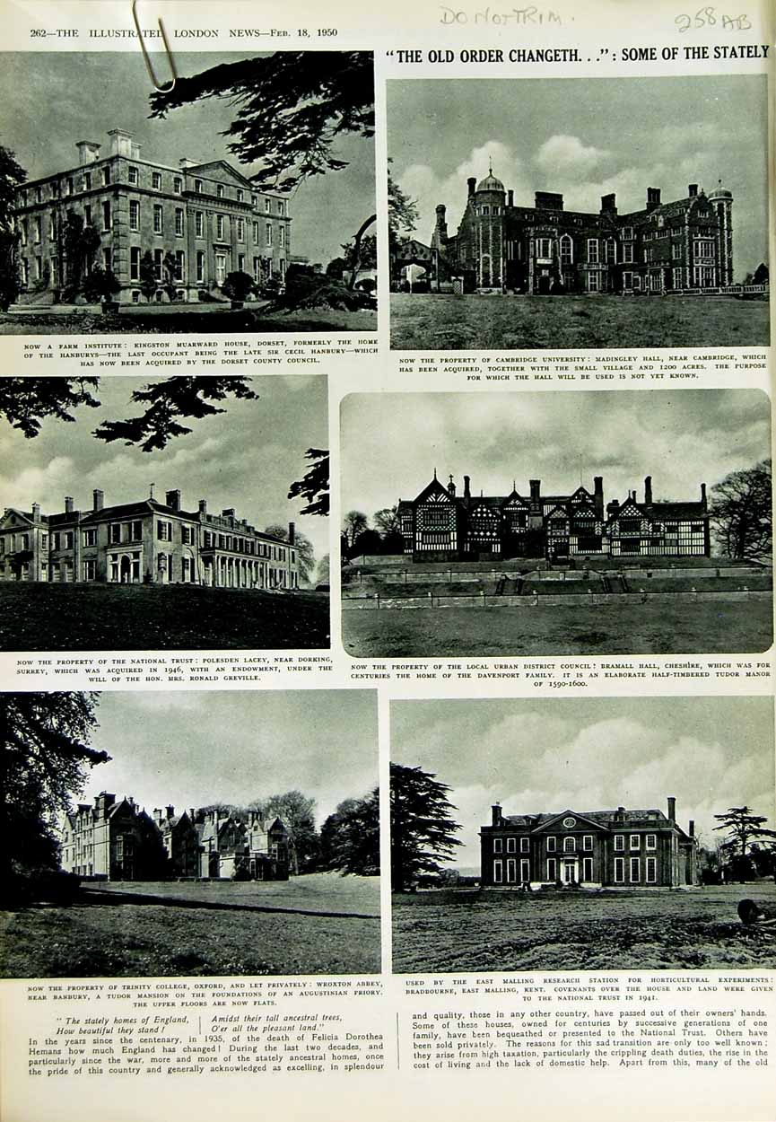 Old Vintage Print 1950 Madingley Hall Cambridge Trinity College Dinton 20th