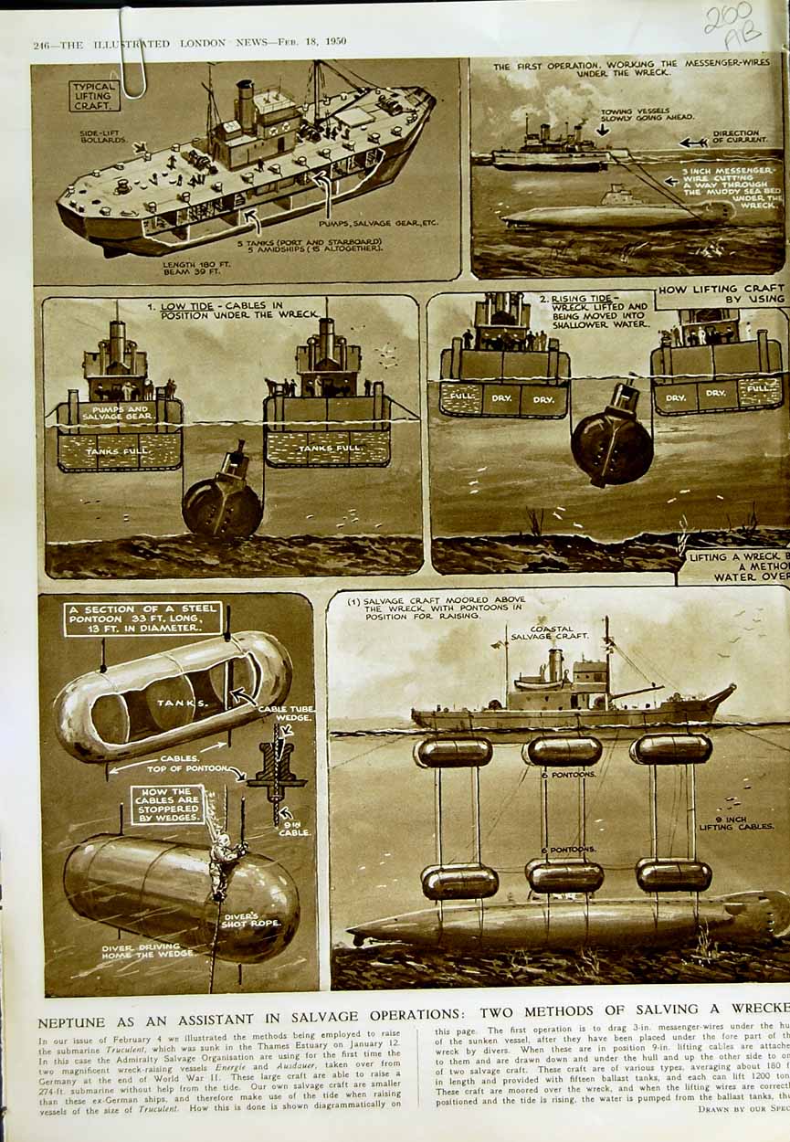 Old Vintage Print 1950 Ship Neptune Salvage Submarine Truculent Atomic 20th
