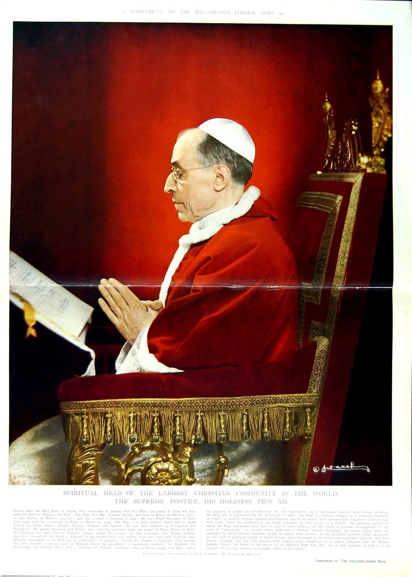 Old Vintage Print 1950 Portrait Pontiff Holiness Pius Japanese Bu-Gaku 20th