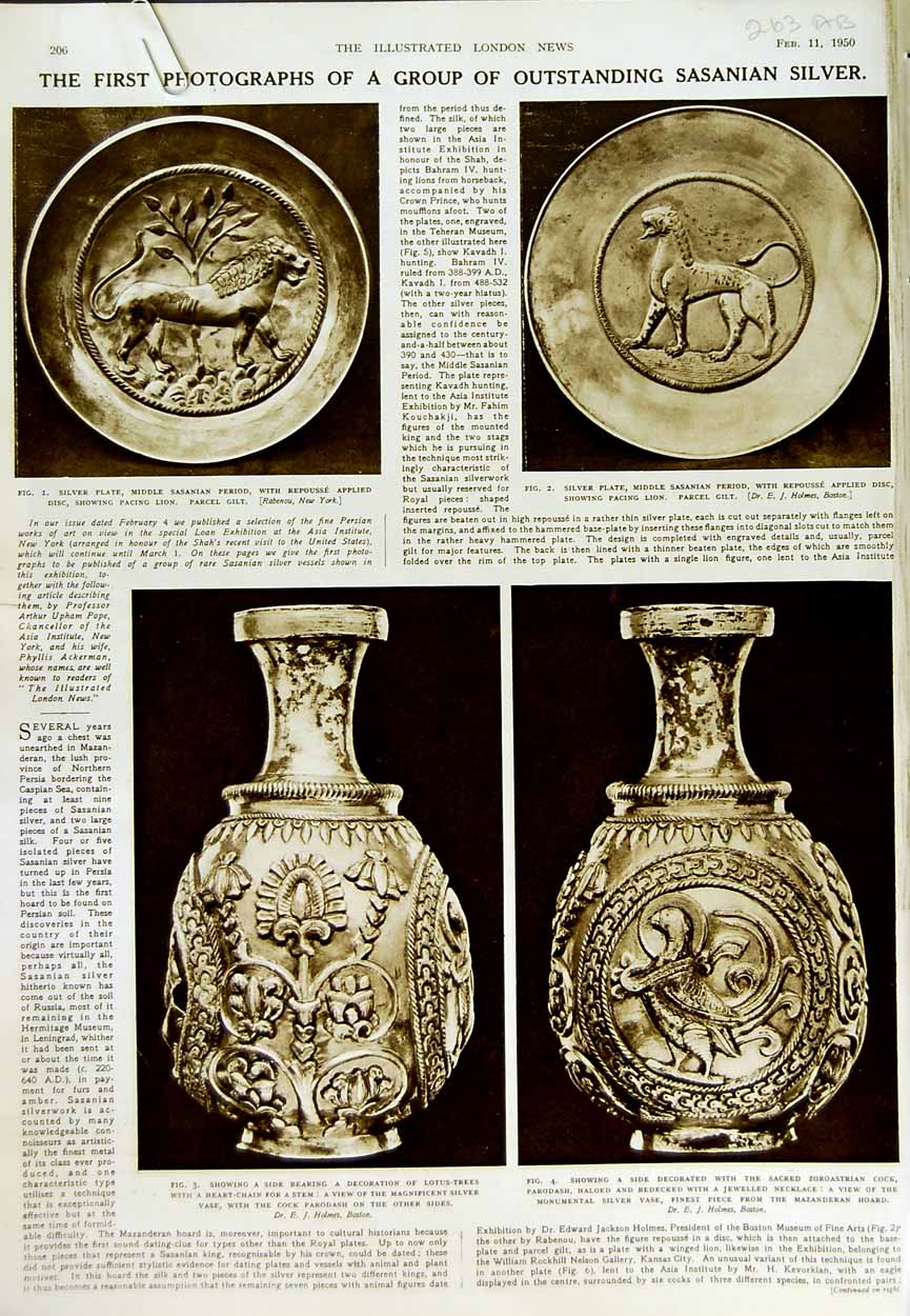 Original Old Vintage Print 1950 Sasanian Silver Plate Mazanderan Royal Hunter